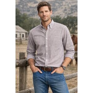 Duluth Trading Co Mens L Button Down Shirt Brown Check Cotton Western Casual